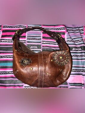 Coach Brown Leather Studded Hobo with Medallion Accents